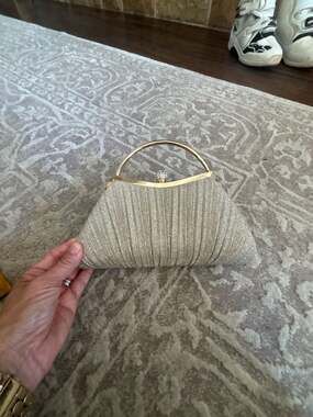 Gold Glitter Pleated Evening Clutch Bag with Rhinestone Clasp and Metal Handle